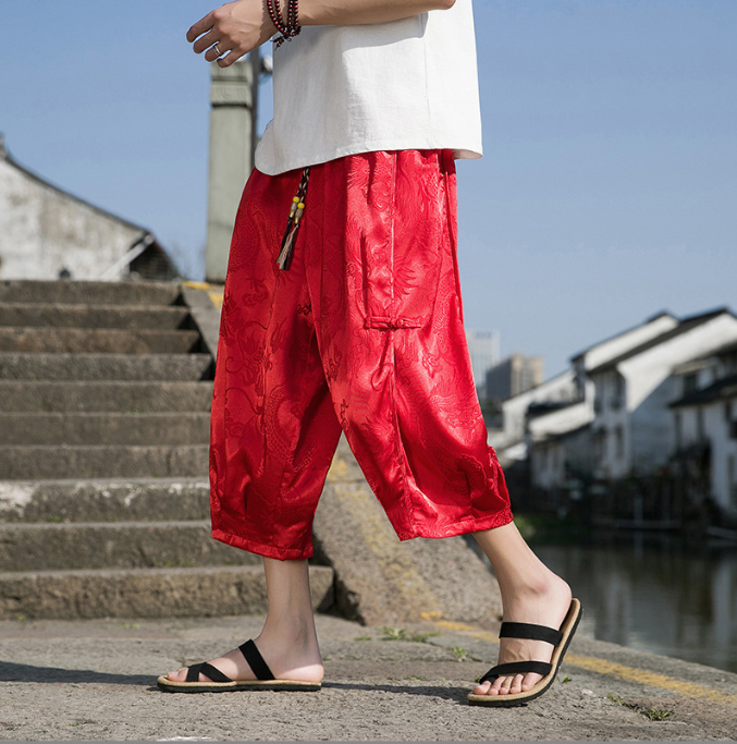 Dragon Pattern Ice Silk Wide Leg Pants
