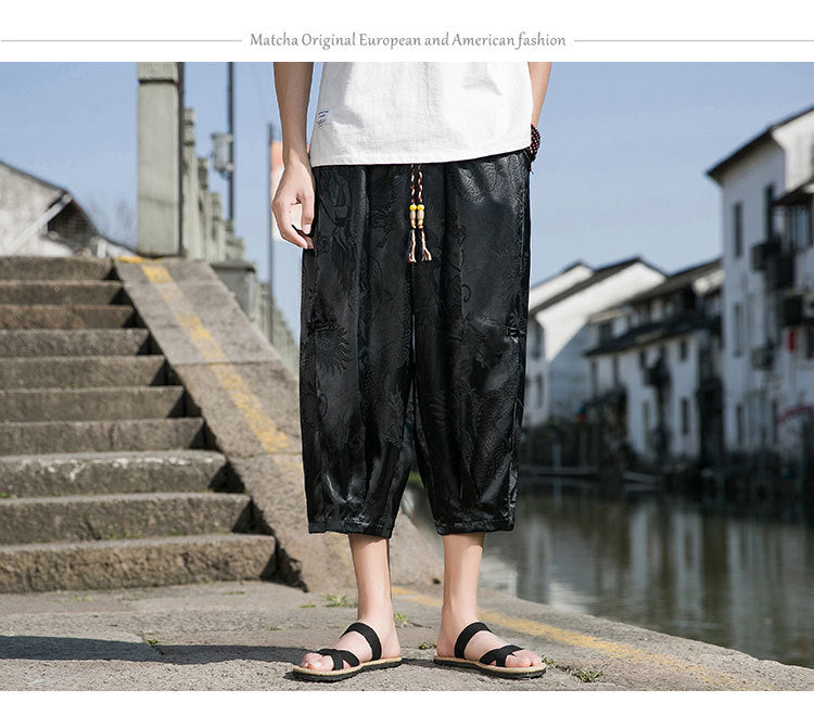 Dragon Pattern Ice Silk Wide Leg Pants
