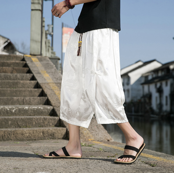 Dragon Pattern Ice Silk Wide Leg Pants