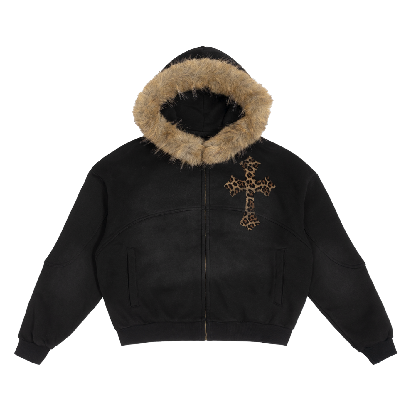 Black Sun Fade Boxy Hoodie With Detachable Fur Hood Cotton 360 GSM DTG Print