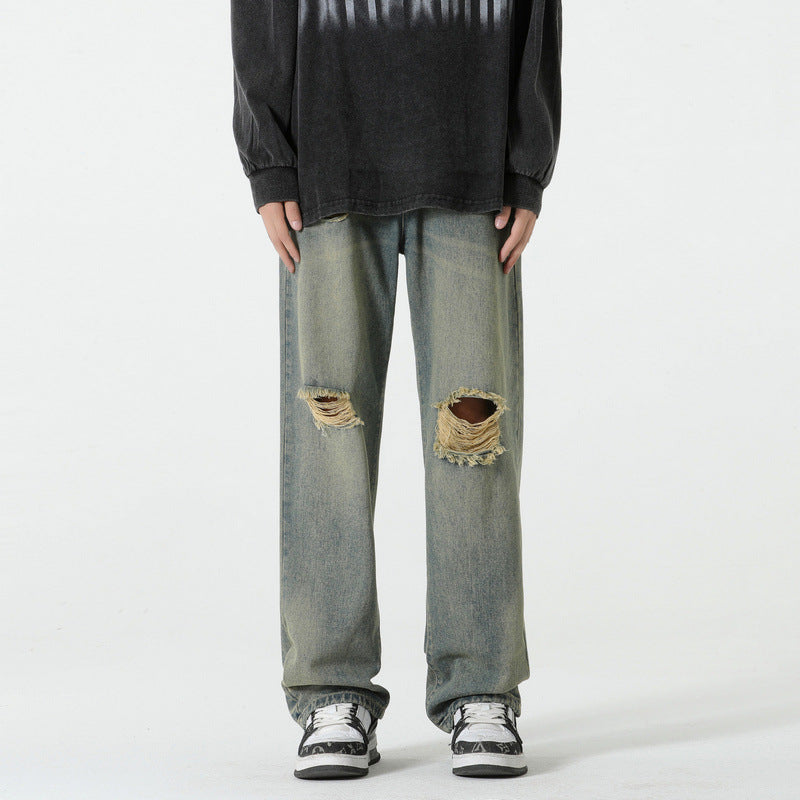 Hole-Designed Straight Leg Jeans for Men