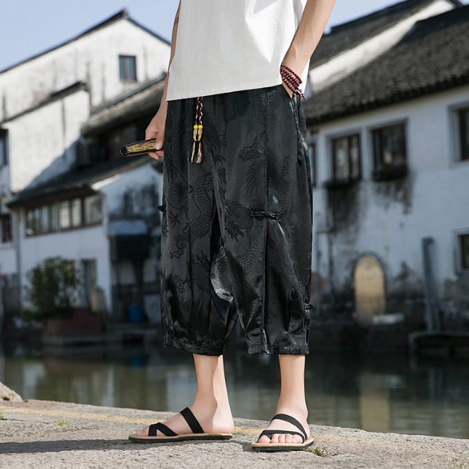 Dragon Pattern Ice Silk Wide Leg Pants