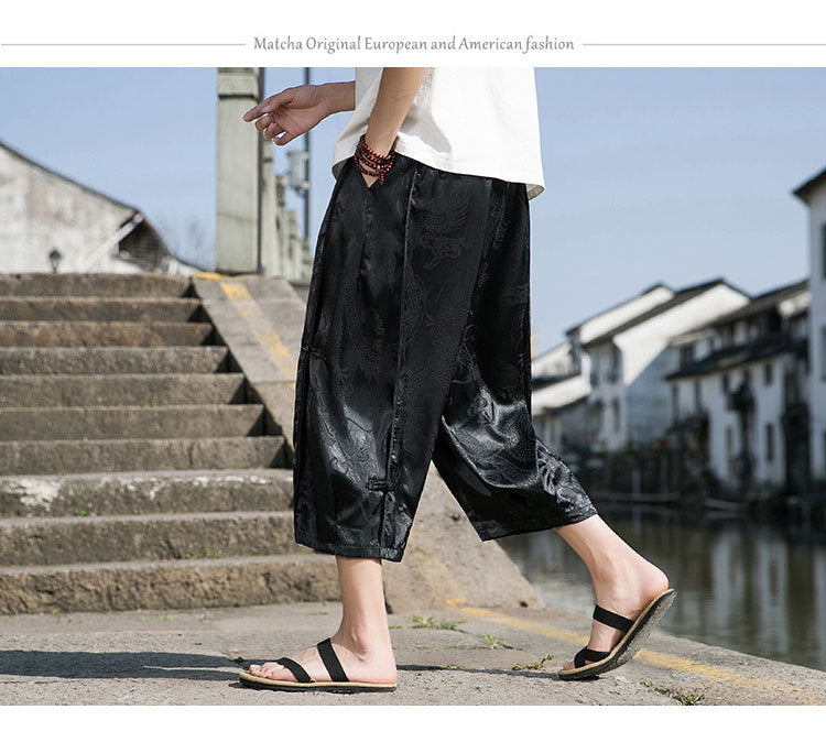 Dragon Pattern Ice Silk Wide Leg Pants