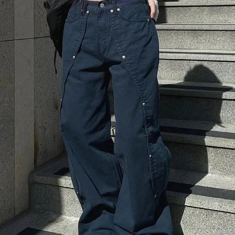 Rivet Split Wide-Leg Jeans – Punk Dark Streetwear Denim