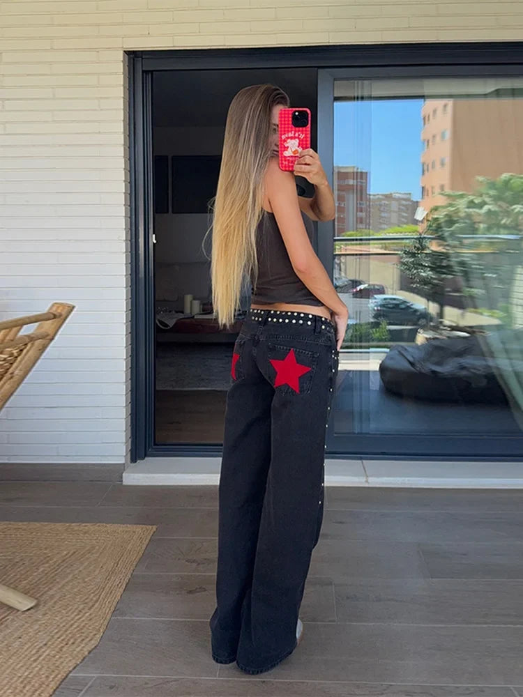 Rivet High-Waist Baggy Jeans – Punk Dark Streetwear Denim