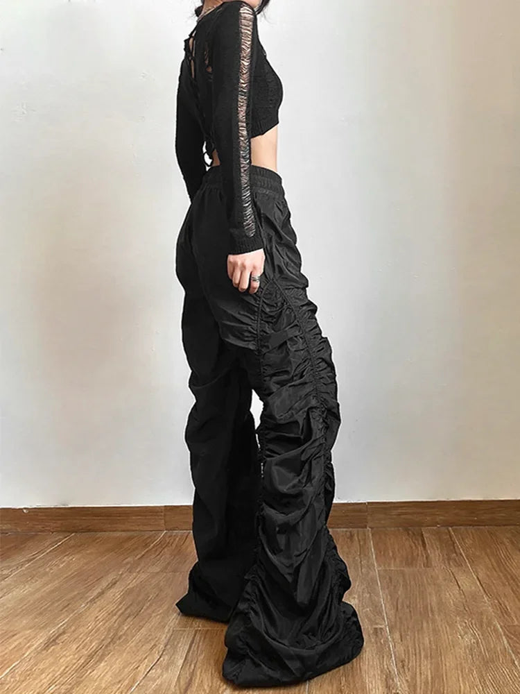 Lantern High-Waist Wide-Leg Pants – Dark Streetwear Bottoms