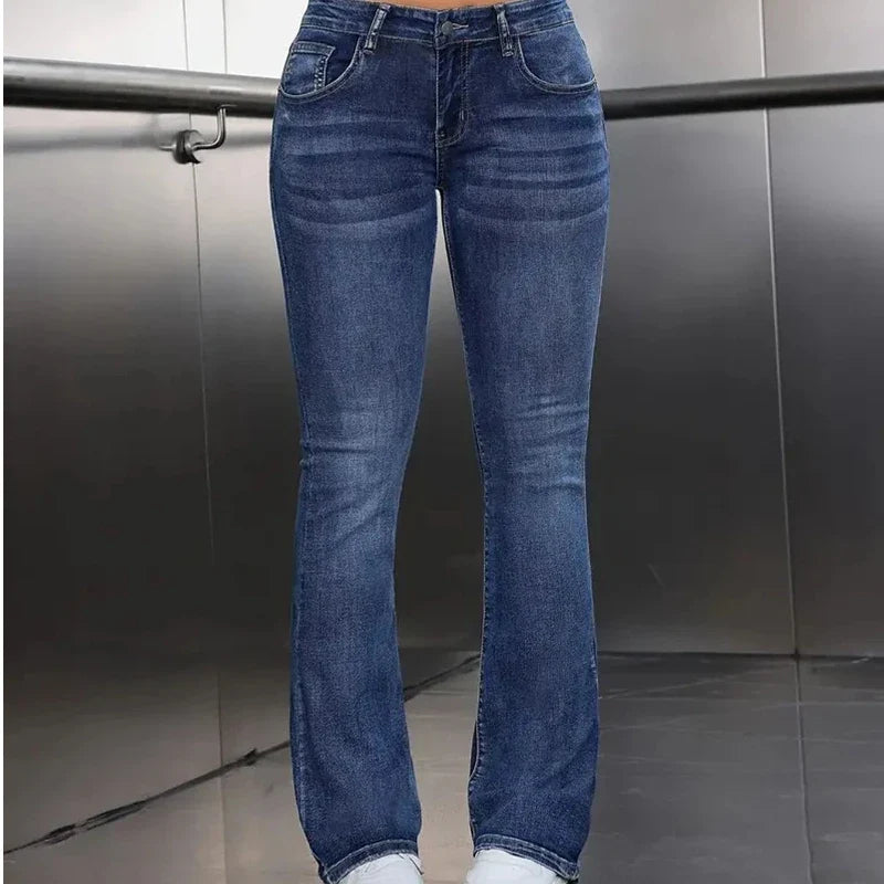 Y2k Jeans For Woman Blue Stretch Flare Denim Pants Vintage Retro Fashion Minimalist Elastic Waist Comfort Fit 2025 Trendy