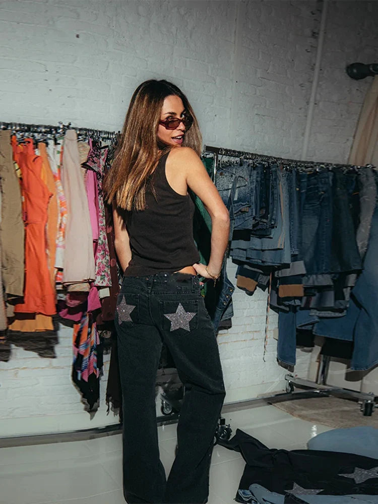 Rivet High-Waist Baggy Jeans – Punk Dark Streetwear Denim