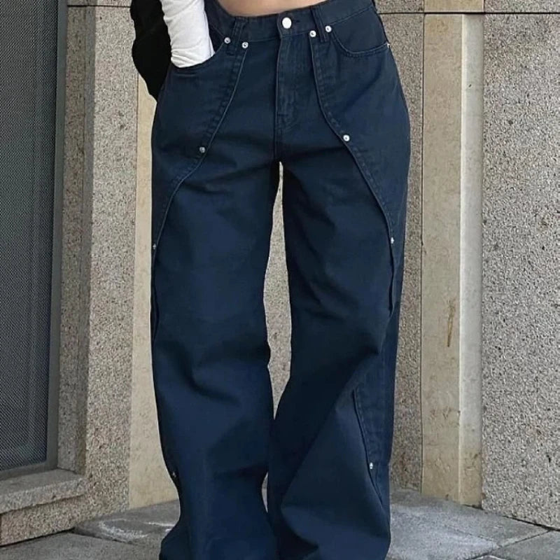 Rivet Split Wide-Leg Jeans – Punk Dark Streetwear Denim
