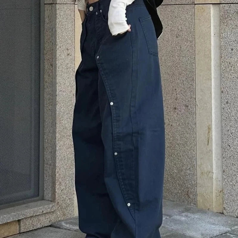 Rivet Split Wide-Leg Jeans – Punk Dark Streetwear Denim