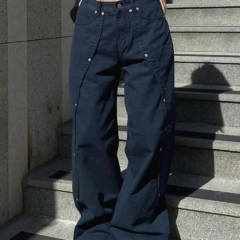 Rivet Split Wide-Leg Jeans – Punk Dark Streetwear Denim