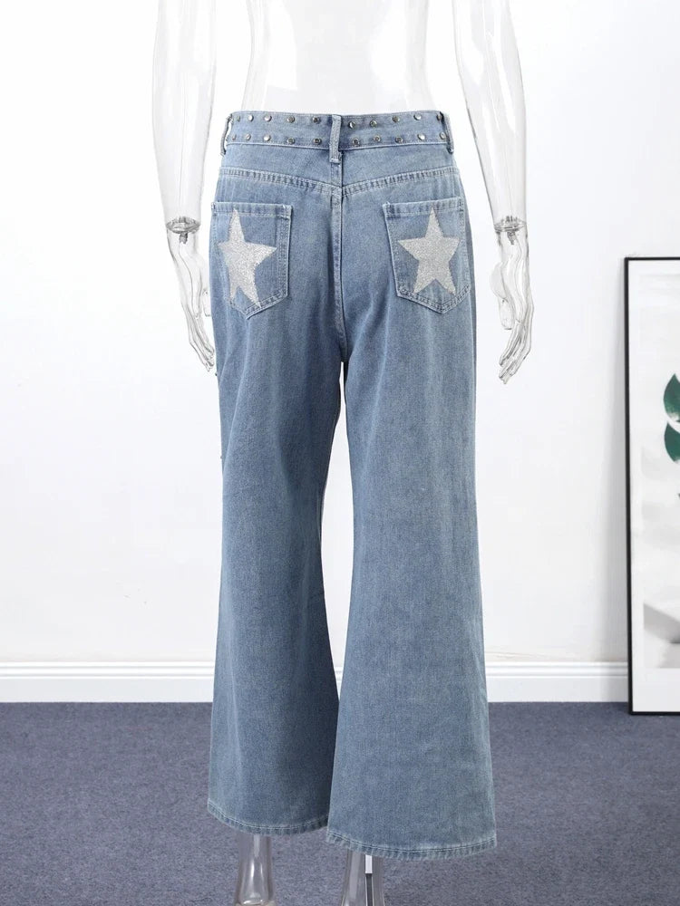 Rivet High-Waist Baggy Jeans – Punk Dark Streetwear Denim