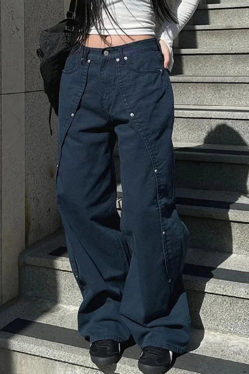 Rivet Split Wide-Leg Jeans – Punk Dark Streetwear Denim
