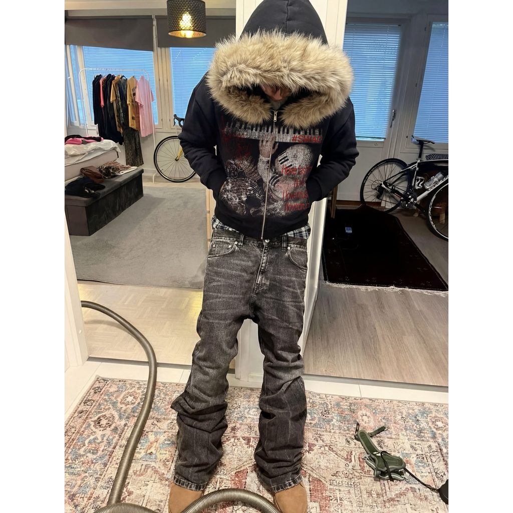 Keys Furr Black Cropped 400GSM Zip-Up Hoodie Streetwear Graphic Y2K Unisex Cotton