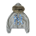 Blue Fur Trim Zip Up Hoodie Unisex Cropped Streetwear Sweatshirt 400 GSM Cotton Limited Edition